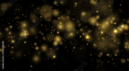 Yellow glitter dust sparkles, glowing light on dark background with shimmer, twinkle. Twinkle particles, stardust highlights flare sparks, lens flare, glare, magical festive glow, vector illustration.