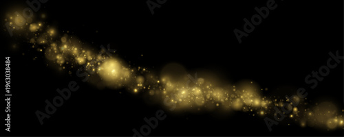 Yellow dust glimmers in glowing light with sparkle, shimmer, glitter bokeh. Twinkle particles, stardust highlights flare while sparks, lens flare, glare, magical festive glow, vector illustration.