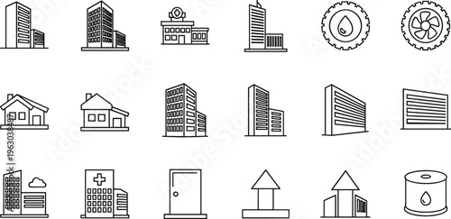 Building and architecture line icon set featuring houses, offices, hospital, doors, oil industry and urban structures outline vector illustration