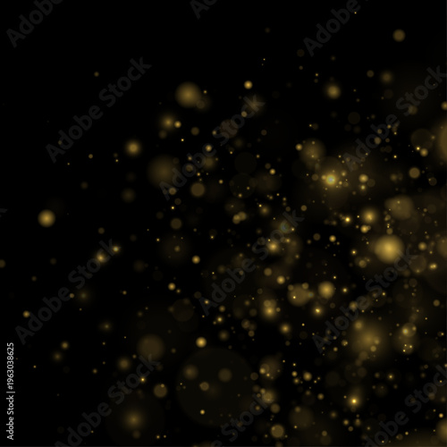 Yellow dust sparkles night darkness with shimmer, glitter, sparkle dark bokeh. Twinkle particle, stardust highlights flare while sparks, glare, lens flare magical golden festive vector illustration. 