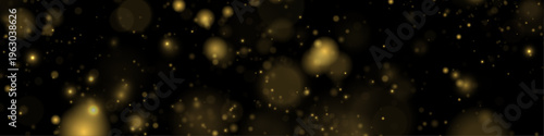 Golden dust light on black background, sparkle, shimmer, glitter bokeh. Twinkle particles, stardust highlights flare. Sparks, lens flare, glare, magical festive light enhance the vector illustration.