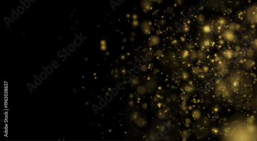 Golden dust glows in soft light on black background, sparkle, glitter across bokeh. Twinkle particles and stardust highlights flare. Festive sparks, glare, lens flare, magical vector illustration.