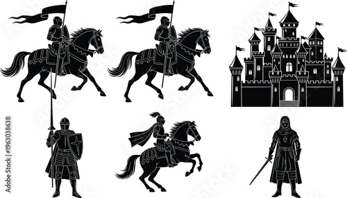 Medieval knight silhouette illustrations, castle warfare artwork, chivalry design collection, black white figure set, stylized historical profiles