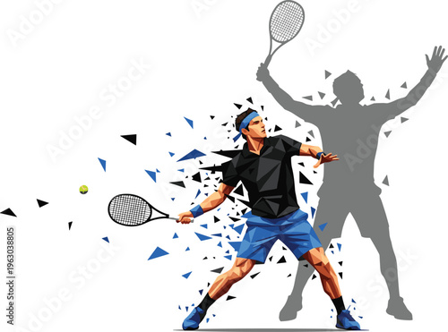 Tennis player polygonal illustration, geometric sports artwork, dynamic motion design collection, colorful figure set, stylized athletic profiles