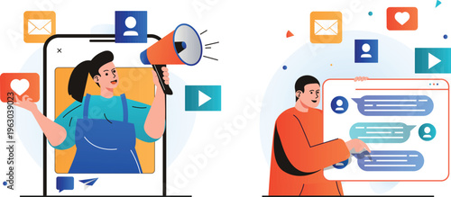 Two people engaging with digital communication tools through mobile devices and social media interaction icons floating around