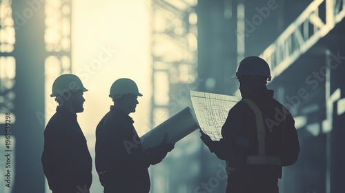 Engineers review blueprints at construction site