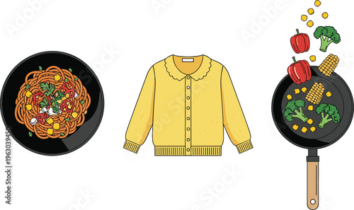 Colorful lifestyle vector set featuring pasta dish, frying pan with vegetables and cozy sweater clothing isolated modern illustration