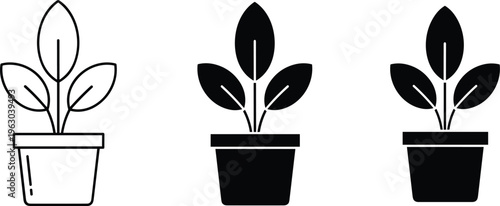 Set of potted plant icons in outline and silhouette styles isolated on white background for web and graphic design vector