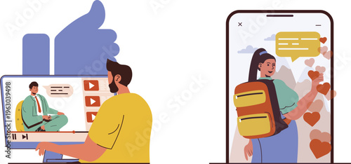 A man watching a video lecture while a student receives positive feedback on her online submission happily