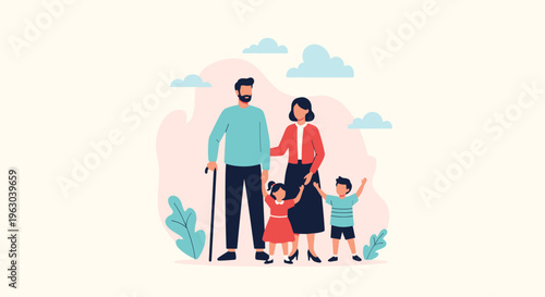 Happy young family with two children standing together in front of soft clouds and plants representing love and unity.
