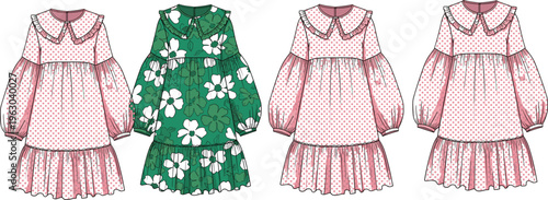 Collection of women floral dresses vector illustration featuring long sleeve garments with ruffles collars and patterned fabric in stylish fashion design