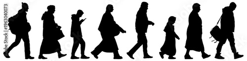 Silhouettes of diverse people walking, moving forward. Side view. Human migration