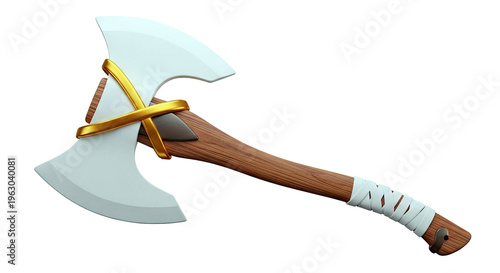 Fantasy Double-Bladed Axe with Golden Accents and Wrapped Handle