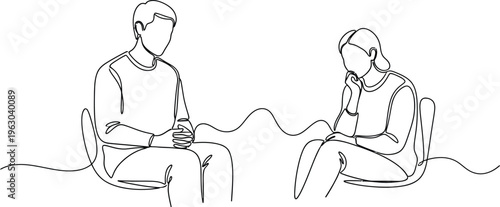 Continuous line drawing depicts a man and a woman sitting opposite each other engaged in a serious discussion or therapy session.