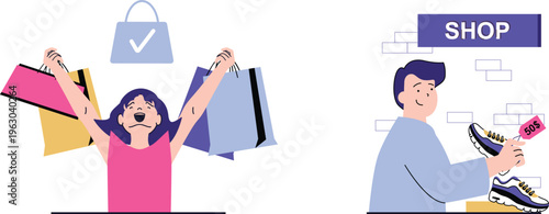 Joyful shopper holding bags while man shows discounted sneakers and shop sign nearby