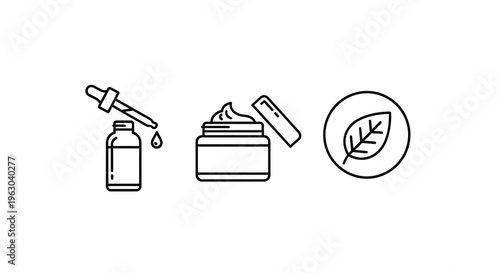 Cosmetic products illustration with dropper jar and leaf silhouette