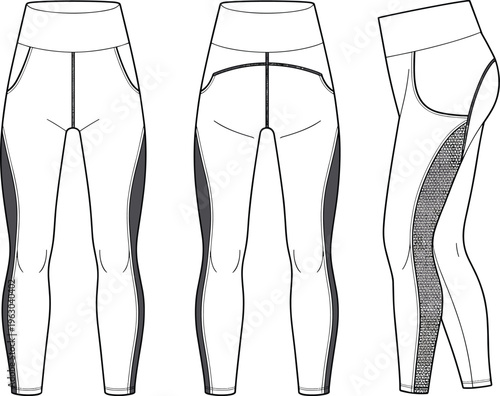 Technical Fashion Flat Drawing of Women's Athletic Leggings with Side Pockets, Mesh Insert Panels, a High Waistband, and Contoured Seams for Activewear Design Vector.