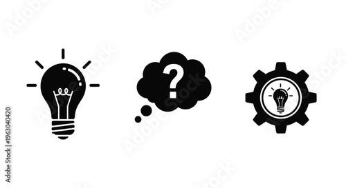 Idea generation with a lightbulb question mark and gear silhouette
