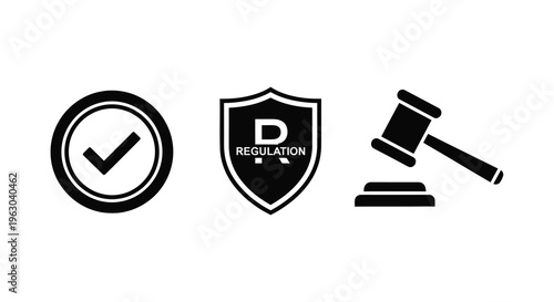 Legal symbols including a checkmark shield and gavel silhouette
