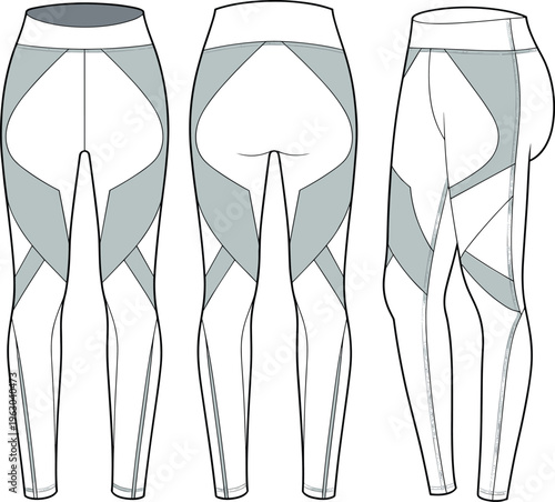 Technical Fashion Flat Drawing of Women's Compression Leggings with Geometric Contouring Seam Lines, a High Waistband, and Color Block Panels for Activewear Design Vector.