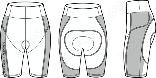 Technical Fashion Flat Drawing of Women's Cycling Shorts with a High Waistband, Ergonomic Panel Construction, and Chamois Pad for Biking and Performance Activewear Design Vector.