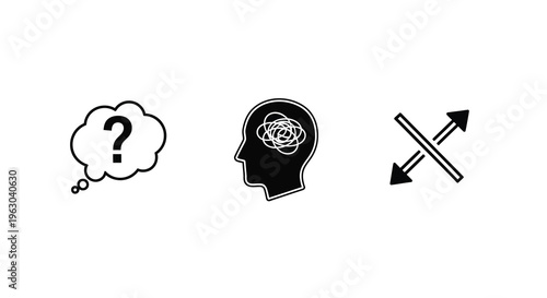 Conceptual illustration of thought questions and diverging ideas silhouette
