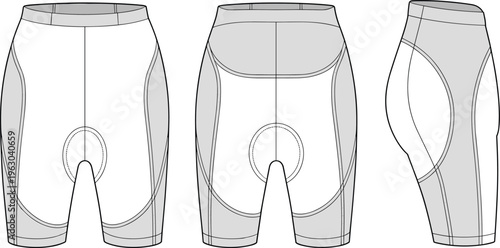 Technical Fashion Flat Drawing of Women's Padded Bike Shorts or Cycling Underwear with an Ergonomic Chamois Pad and High Waist for Biking Apparel Design Vector.