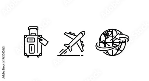 Travel icons depicting a suitcase airplane and earth globe silhouette