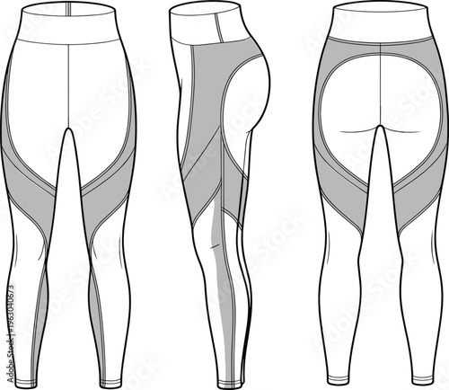Technical Fashion Flat Drawing of Women's Athletic Leggings with Contouring Mesh Panels, High Waist, and Curved Back Yoke for Fitness and Yoga Apparel Design Vector.