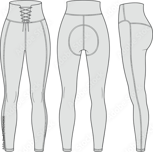 Technical Fashion Flat Drawing of Women's Athletic Leggings with a Corset-Style Lace-Up Front Waistband, Contouring Seams, and a High Rise for Sportswear Design Vector.