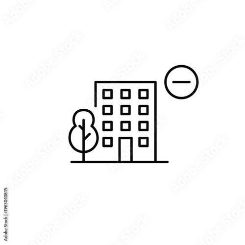 Apartment building and minus. Green tree in a city. Reduce urban load. Pixel perfect, editable stroke vector icon