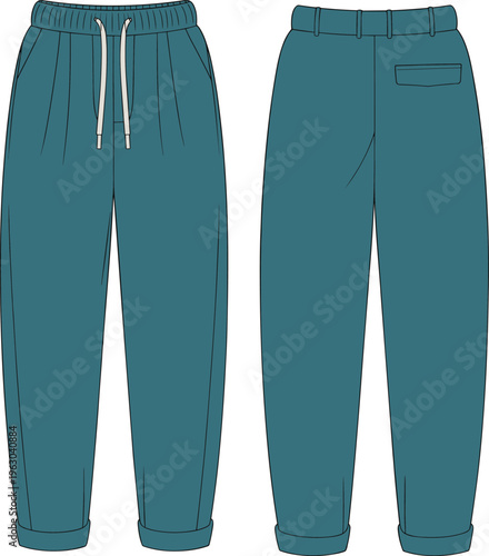 Technical Fashion Flat Drawing of Tapered Trousers with a High Elastic Waistband, Drawstring Closure, and Cuffed Hem, Designed for a Casual and Comfortable Look Vector.