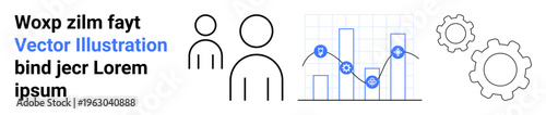 Business solutions, team collaboration, data analytics, workflow processes, technical innovation, productivity. Minimalist design with people icons, bar chart and gears. Business solutions and team