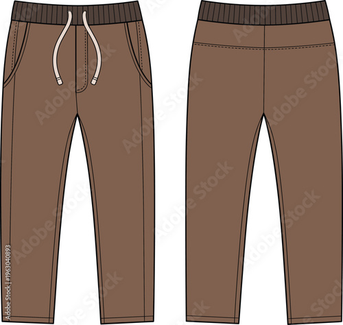 Technical Fashion Flat Drawing of Unisex Jogger Sweatpants with a Ribbed Knit Waistband, Drawstring, and Side Pockets, Designed for Casual and Loungewear Apparel Vector.