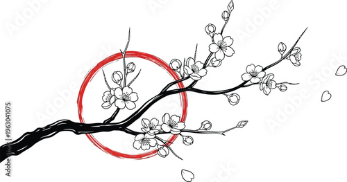 Minimalist black and white drawing of blooming cherry blossom branch against a vibrant red rising sun background