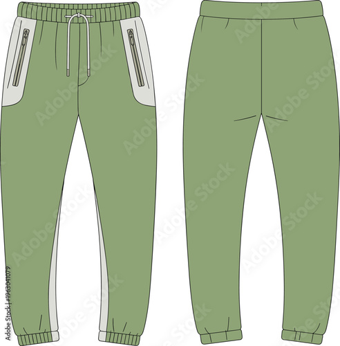 Technical Fashion Flat Drawing of Athletic Jogger Pants with Zipper Pockets, Contrast Side Panels, Ribbed Cuffs, and a Drawstring Waist for Sportswear Design Vector.