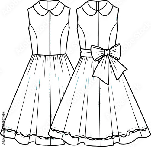 Elegant vintage dress vector illustration featuring sleeveless women fashion garments with bow detail and pleated skirt in outline sketch style