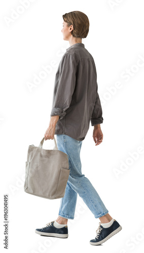 Full length portrait of a young woman walking isolated transparent PNG, student girl full body photo with transparent background precisely cut out with clipping path.