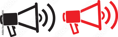 Two megaphone icons in black and red isolated on white background
