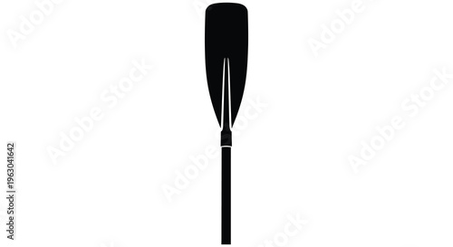 A black kayak paddle stands vertically against a white background silhouette