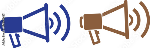 Two megaphone icons in blue and brown isolated on white background