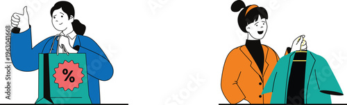 Two women engaged in shopping with one showing a sale discount and the other examining a coat happily