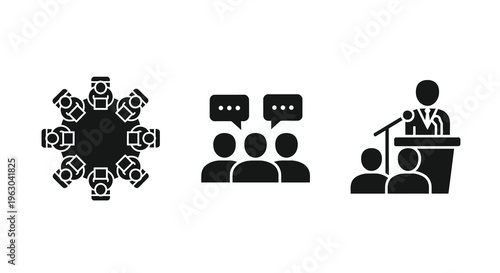 Meeting discussion and presentation icons in a minimalist silhouette