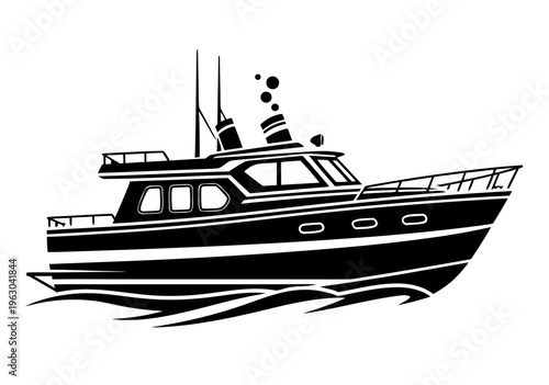 A simple black and white vector illustration of a motor yacht sailing on water, perfect for nautical themes and marine-related designs