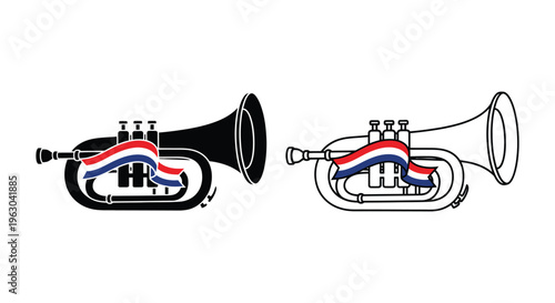 Trombone icons, musical instrument illustrations, colorful and outline styles, brass section symbols isolated on White Background