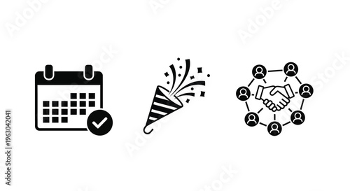 Calendar party popper and networking icons in a black silhouette