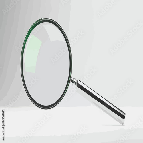 Magnifying glass with a reflective lens and metallic handle on a light gray background with subtle shadows and a green reflection