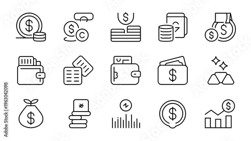 Financial Icons Collection Wallet Cash Piggy Bank Growth Thin Line Vector Set