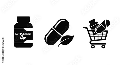 Black supplement icons including pills capsules and a shopping cart silhouette