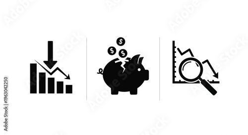 Financial decline broken piggy bank and analysis in black silhouette